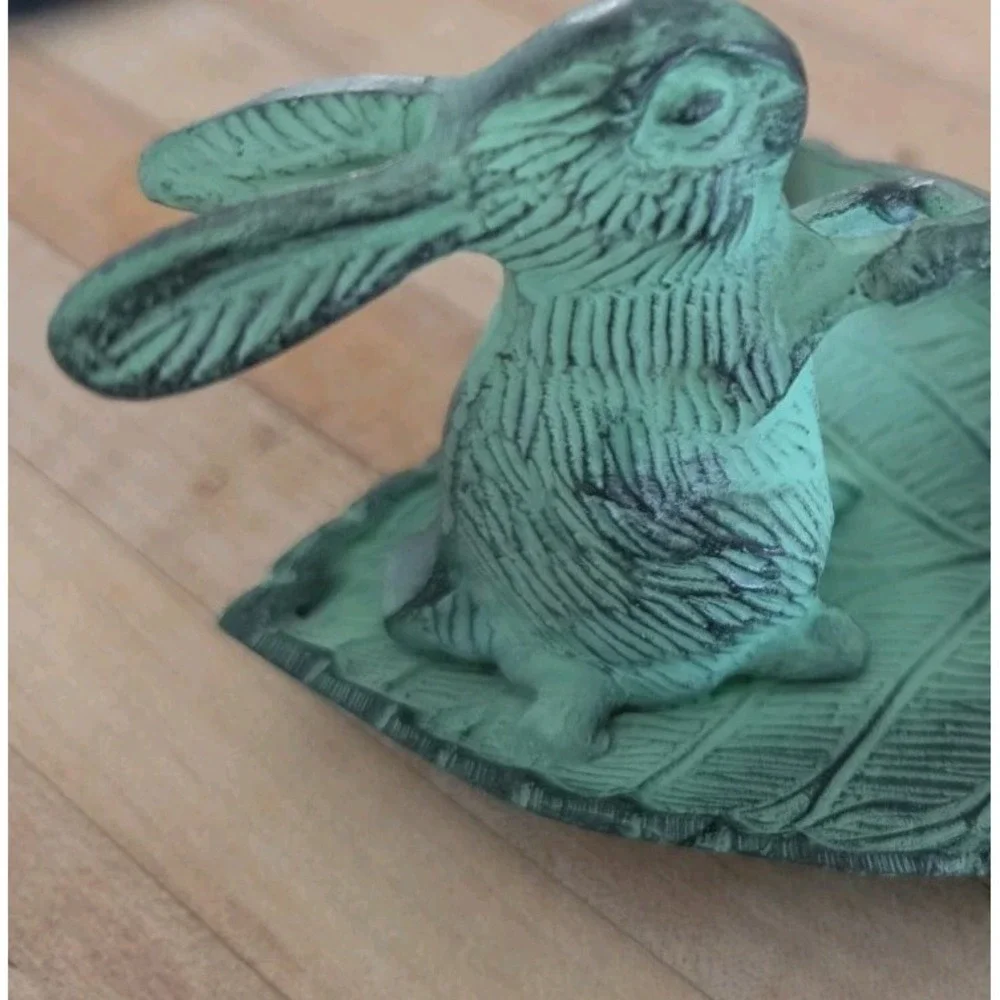 VTG Andrea Sadek Brass Verdigris Bunny Rowing Leaf Boat Candle Holder Kitsch